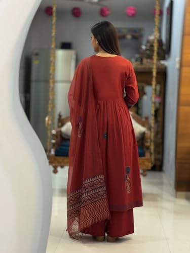 Image of ANNI Designer Women Printed Gathered Kurta Palazzo Dupatta Set Viscose Blend Kurti Suit Ladies Ethnic Wear for Festive Office Casual Use