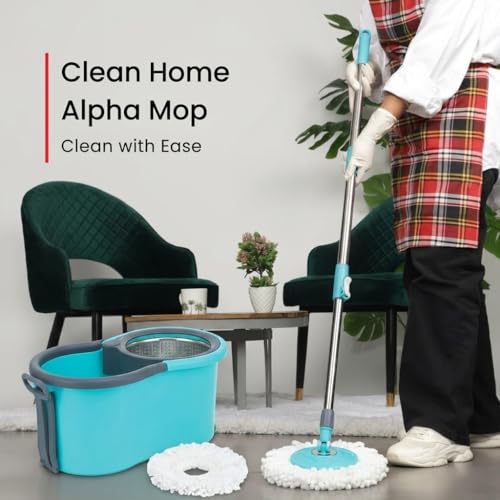 Image of Twin Bucket Spin Mop with Wheels and Puller Handle | 360 Adjustable Steel Handle | 2 High Absorbency Microfiber Refills | Pocha for Floor Cleaning - Home, Kitchen, Bathroom & Office