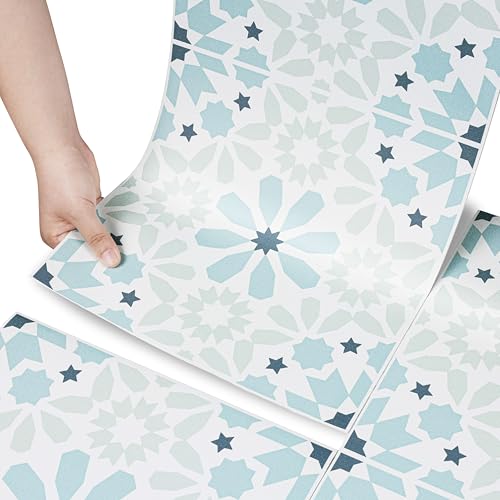 Stickyart Lino Sol Rouleau Bleu Vert Dalle PVC Adhesive Sol Toilette Imperméable 30cmX360cm Bohème Vert Menthe Lame PVC Adhesive Dalle Cuisine Carrelage...