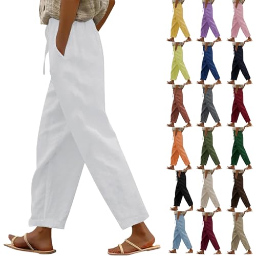 Womens Ladies Summer Loose Straight Leg Casual Lounge Pants Solid Color Drawstring Elasticated Waist Cropped Trouser Beach Holiday Lightweight Comfy Bottoms with Pockets White