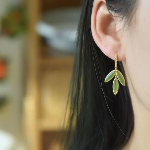 Pendientes de botón de plata S925, jade verde y hojas de bambú 3