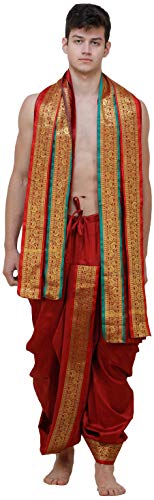 Ready to Wear Dhoti and Angavastram Set with Woven Golden Leaves Border