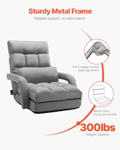 Image of VEVOR Floor Chair, Floor Gaming Chair with 5 Adjustable Position and Back Support, Folding Lounge Chair with Armrest for Adults, Sofa Lounger with Comfy Cushion for Living Room and Bedroom, Gray