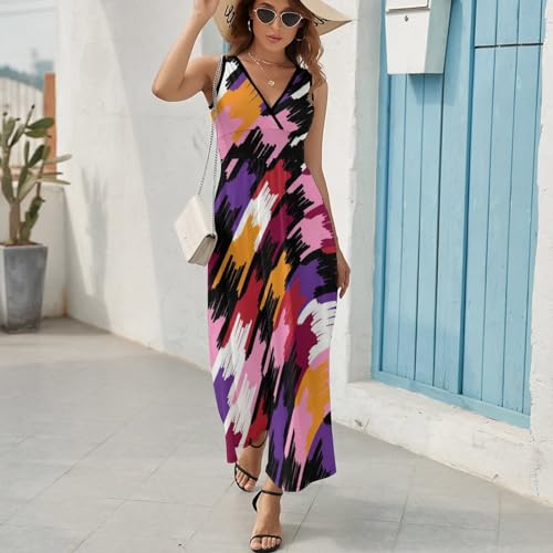 Robe Maxi sans Manches en Couleur Abstraite avec Col V Fluide et Léger