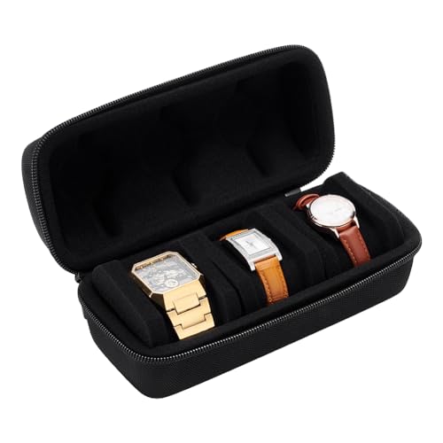 UNICRAFTALE Estuche de 3 ranuras para relojes de viaje, estuche enrollable para reloj, caja de almacenamiento negra para relojes portátil, con cremallera, cojín antimovimiento para hombres y mujeres