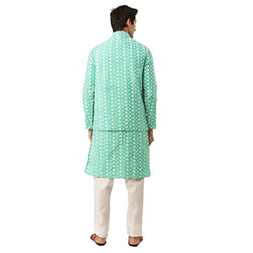 Image of SOJANYA (Since 1958 Men's Silk Blend Light Green Kurta & Nehrujacket with White Pyjama Combo