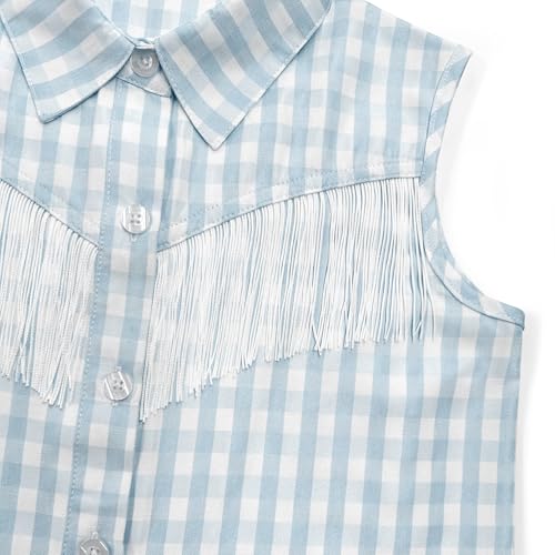 Image of Girls Fringe Shirt Sleeveless Button Down Western Cowgirl Tassel Trim Casual Blouse Shirt Top 4-13Y