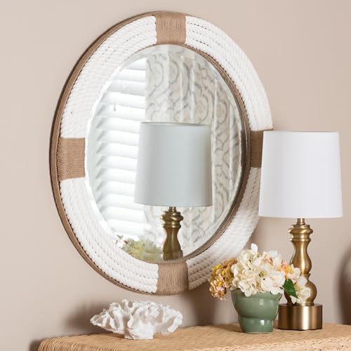 bali & pari Makya - Espejo Redondo de Cuerda Tejida, Espejo costero con Tela Blanca y Detalles de Yute Tejido para Granja, decoración de Pared Bohemia, casa de Playa, Totalmente montado