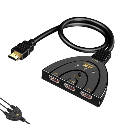 4K 3 Port HDMI Switch, HDMI Switch 3 in 1 Out Splitter with Gold Plated Connectors, Supports Full HD 1080p and 3D, Manual Switcher for Multiple Devices, Compatible with TV, Xbox, PS4, Blu-Ray
