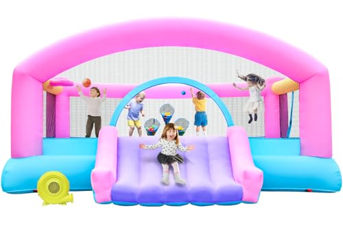 DIYJOTOFUN Hüpfburg groß mit basketballkorb und wurfspielen, hüpfburg Kinder 3-10 Jahre inkl. gebläse – Indoor und Outdoor hüpfburgen XXL