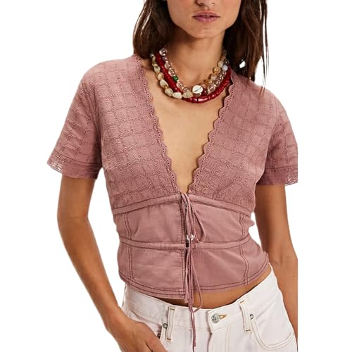 Women Front Tie Up Lace Eyelet Trim Crop Tops Y2k Puff Short Sleeve Embroidered Button Down Blouse Shirt