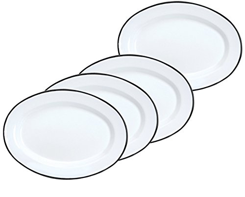 Crow Canyon Enamelware Oval Dinner Salad Serving Plates, Classic Tableware - Set of 4 - Solid White with Black Rim Color, 12 Inches x 8.75 Inches