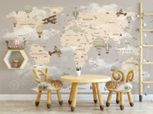 Murwall Kids Map Wallpaper For Child Beige World Map Wall Mural Vintage Map Wall Art Airplane And Hot Air Balloon Wall Print Children Rooms #TOP21