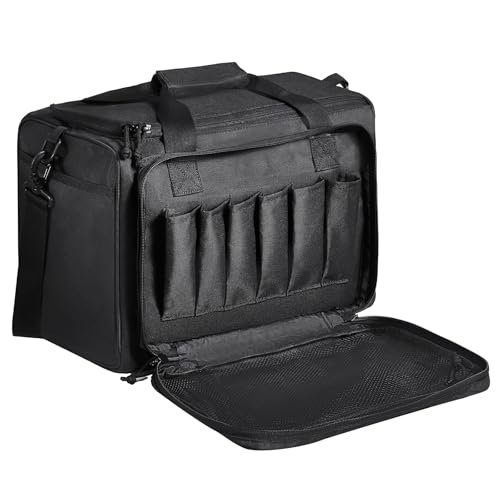 VEVOR Range Bag with 2 Detachable Baffles, Tactical Gun Range Bag for for 4 Pistols with 6 Magazines, Firearm Shooting Handgun Bag for Outdoor Hunting Pistol Bag with Single Shoulder Strip, Black - VEVOR