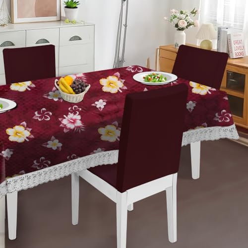 Image of The Furnishing Tree Waterproof PVC Rectangle Shaped 8 Seater Table Cover WxL 60x108 inches Floral Pattern Red with White Border lace