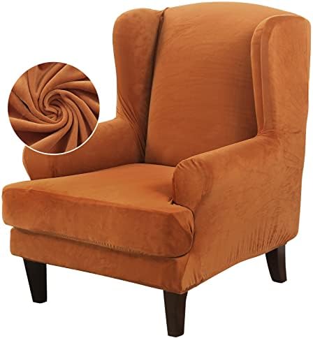 TOPCHANCES Wingback Chair Covers Slipcover 2 Pieces,Stretch Velvet Plush Wing Chair Cover Arm Chair Furniture Covers Slipcover Sofa Slip Covers with Elastic Bottom for Living Room Bedroom