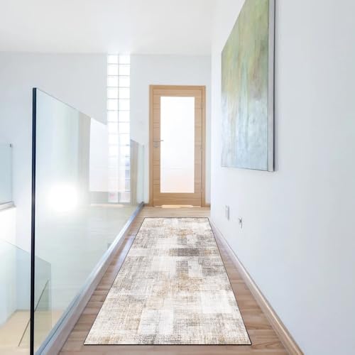 Alfombra de pasillo gris y beige lavable de 70 x 200 cm con base antideslizante para cocina 6