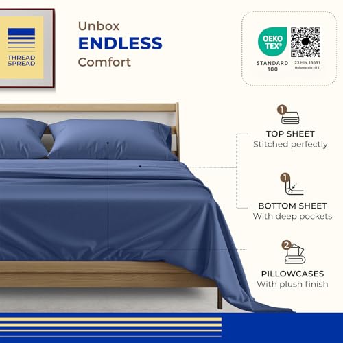 Image of THREAD SPREAD Egyptian Cotton Sheets King Size - 1000 Series High Thread Count Cotton King Size Sheets Set (4 PC, Deep Blue), 16 inch Snug Fit Deep Pocket, Sateen Weave Ultra-Soft Hotel Luxury Sheet