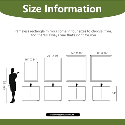 Farmer 28X36 Inch Rectangle Frameless Mirror, Rectangle Mirror With 1 Inch Beveled Edge, Beveled Bathroom Wall Mounted Mirror thumb #6
