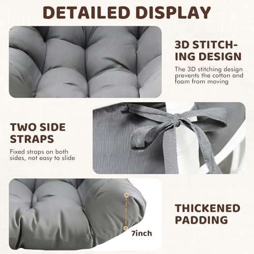 Hanging Egg Chair Cushion Replacement, Outdoor Thicken Egg Chair Cushion Waterproof for Patio Furniture, U-Shaped Hanging Baske Eggs Chairs Swing Cushions with Ties 47x35x7 Inches, Grey - 4