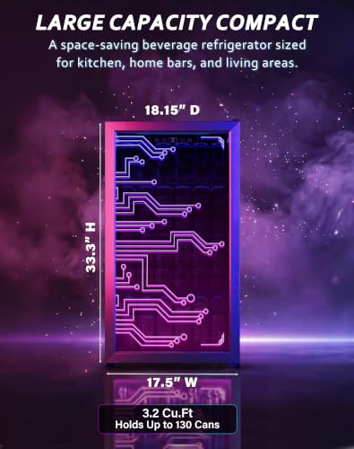 Image of Tehanld 3.2 Cu.Ft Beverage Refrigerator, 130-Can LED Glass Door Fridge