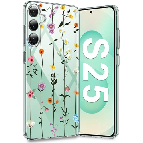Coque Samsung S25 5G en silicone transparent avec motif floral multicolore anti-chocs