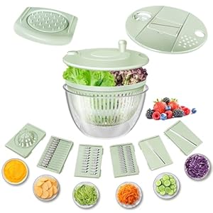 Airpro Salad Spinner Large, Vegetables Fruits Wash Bowl,Lettuce Spinner Pasta and Fries Dryer with 5 Blades,Egg Yolk Strainer Slicer Shredder for Kitchen Colander, 5.3 Qt, Green White