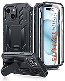 FNTCASE for iPhone 15/14/13 Case: Shockproof Military Grade Protective Cover with Kickstand - Dual Layer Matte Dropproof 6.1 Inch - Black