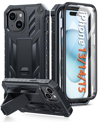 FNTCASE Coque pour iPhone 15 : coque pour iPhone 14 pour iPhone 13, coque de protection antichoc de qualité militaire avec béquille, double couche mate anti-chute de 6,1 pouces, noir FNTCASE Coque pour iPhone 15 : coque pour iPhone 14 pour iPhone 13, coque de protection antichoc de qualité militaire avec béquille, double couche mate anti-chute de 6,1 pouces, noir