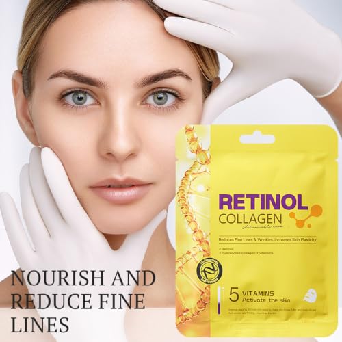 Retinol Collagen Face Mask, 10 Pack Anti Aging Skincare Facial Sheet Masks with 5 Vitamins, Intense Moisturizing, Tightening & Firming, Improve Skin Texture & Elasticity, All Skin Types - Image 2