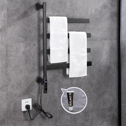 Toalleros Eléctrico de Baño Giratorio 180° 70 x 50 cm, Calentador de Toallas Giratorio de Acero Inoxidable, Radiador de Toallas Eléctrico, 4 Barras con Temporizador Incorporado, Bajo Consumo-Black