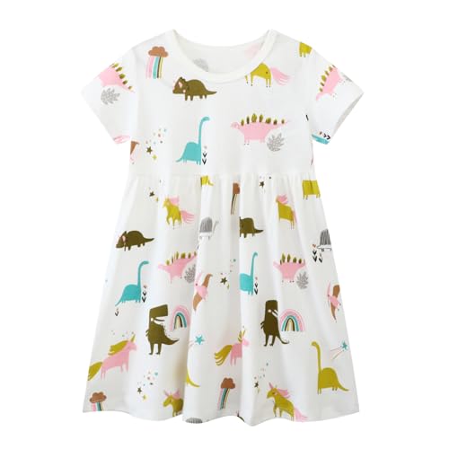 Dinopjs Little Girls Summer Dress Cotton Dinosaur Dresses Girl's Short Sleeve Shirt Tops for Kids 2-7 Years White
