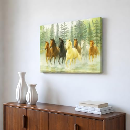 Image of 7 Running Horses Vastu Stretched Canvas Painting For Living Room Multicolor Seven Horses Vastu Wall Art Painting Symbol of Success, Growth & Positive Energy Wall Art for Home & Office, 22x34 Inch