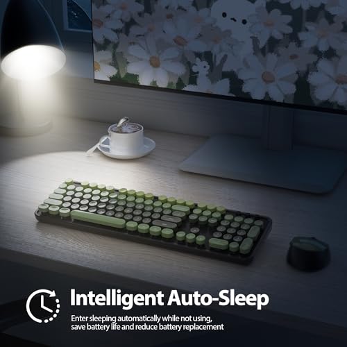 Image of Owpkeenthy Keyboard and Mouse Wireless, Cute Retro Full-Size Cordless Keyboard with Number Pad 2.4 GHz Wireless USB Receiver for Computer (Dark Green)