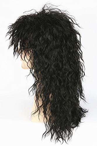Topcosplay Men’s 80S Wig Black Mullet Wigs Halloween Costume Male Wig Punk Heavy Metal Rocker Wig Curly Long #TOP4