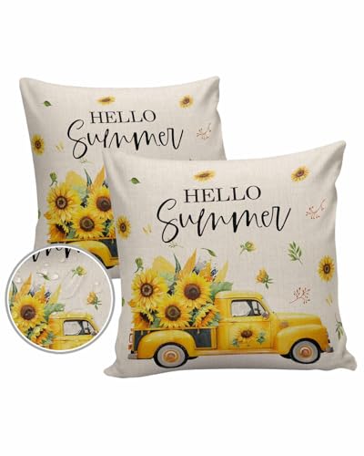 Yellow Floral Outdoor Pillow Cover 20x20 Inch Cushion Sham Case,Waterproof Decorative Square Throw Pillowcase for Outside Garden Patio Porch Couch Chair Tent Farmhouse Truck Sunflower Summer Spring