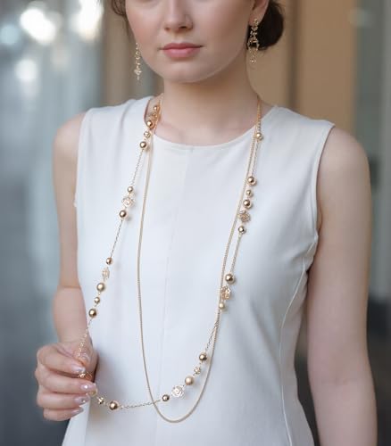 FULU AUTUMN Boho Gold Long Necklaces for Women Natural Stone Beaded Layered Long Necklace Mothers Day Gifts Dainty Flower Costume Jewelry for Women4