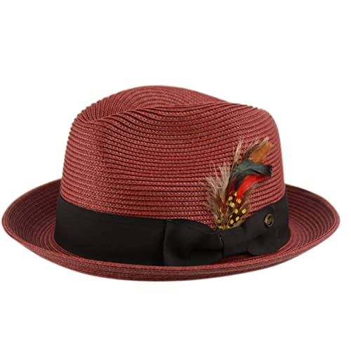 EPOCH HATS Men's Premium Straw Porkpie Fedora Hat (L/XL, F2810BURGUNDY)