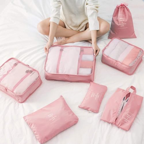 Image of 7 Pcs Travel Organizer Bag Set for Luggage | Waterproof Packing Cubes for Clothes, Shoes & Toiletries | Foldable Travel Storage Bags for Men & Women | Black Travel Pouch Set (PINK)