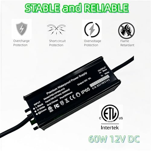 Image of LED Driver 60W 12V 5A ETL Listed Transformer Adapter AC 100-277V to DC 12V Low Voltage Output, Power Supply for LED-Strips Lights, Constant Voltage LED Products Computer Project Surveillance CCTV