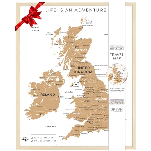 Splosh Travel Map - Bacheca con mappa del Regno Unito in bianco, cornice in legno, bacheca da viaggio con 100 spilli in 2 colori per personalizzare e segnare le tue avventure passate e future, mappa
