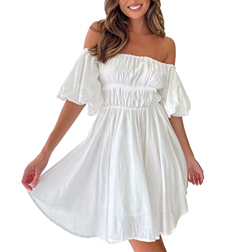 Robe Blanche Pirate, Robe Rétro Médiévale Femme, Robe D'Été pour Femme, Manches Bouffantes, Épaules Dénudées, Mini-Robe À Volants, Coupe Trapèze...
