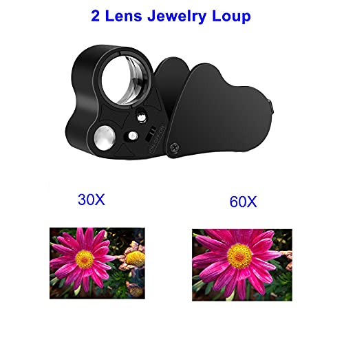 2 Pcs Illuminated Jewelers Loupe, 30X 60X 90X Eye Loupe Portable Magnifying Glass With Led Light, Lighted Magnifier For Jewelry, Coins, Plants, Stamps, Gems, Watch Repair Work #TOP2