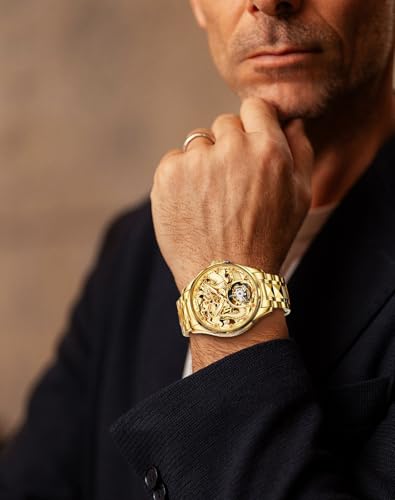 Image of OLEVS Men Automatic Watch Skeleton Luxury Gold Original Dress Mechanical Self Winding Sapphire Crystal Real Leather and Interchangeable Tungsten Steel Band Wrist Watch for Men