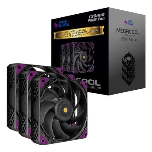 Image of Super Flower, MEGACOOL 120mm Fan, Triple-Pack, 12-Pole Motor Design, PWM, Purple Anti-Vibration Mounting Pads, Computer Case Fan, Remote Control, SF-PF121-BK 3P, 30mm Depth