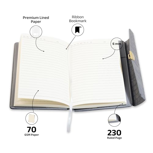 Image of AICA Personalized Name & Charm Leather Lock (Grey) Diary � A5 Size 230 Pages with Combination Lock for Men & Women | Customized Planner Diary College Birthday Gift for Teens Teenager Best Friends