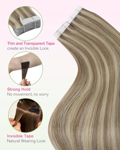 Image of YoungSee Human Hair Tape in Extensions Blonde Highlight, Invisible Tape in Hair Extensions, Light Brown Highlights Platinum Blonde, Softness Silky Hair, 14 Inch 20pcs 50g