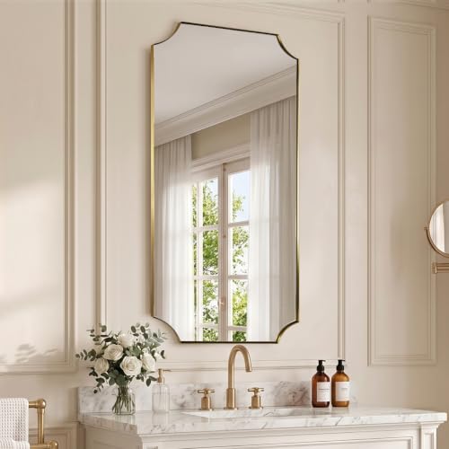 Image of MIRRORART Scalloped Gold Bathroom Mirrors for Wall, 24x48'' Brass Mirror