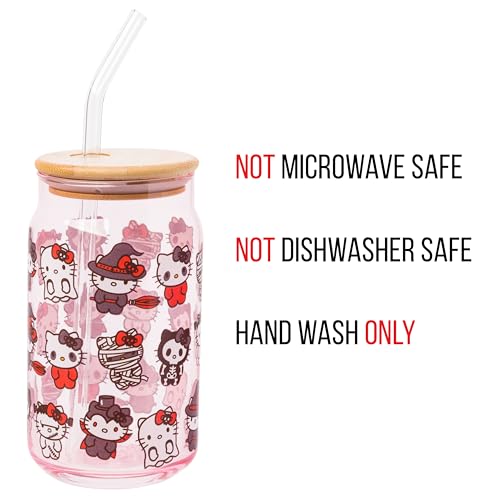 Silver Buffalo Sanrio Hello Kitty and Friends Halloween Spooky Costumes Ghost Witch Vampire Zombie Frankenstein Skeleton Pink Glass Jar Tumbler with Bamboo Lid and Glass Straw, 16 Ounces - Image 4