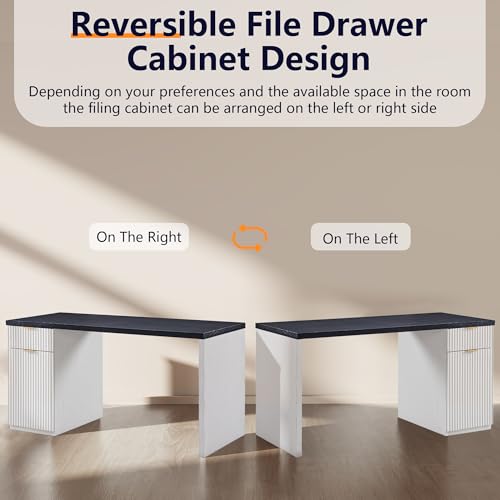 Image of 60 inch Fluted Home Office Desk, Reversible Left‑Right Cabinet, Built‑in Outlet | Reversible design lets you fix the cabinet on left‑hand or right‑hand side to fit your room layout